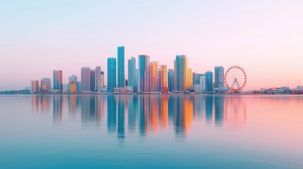 Obraz premium Stunning Sunrise Over Miami Skyline with Reflections in Water