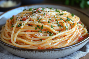 Bowl of spaghetti with tomato sauce and parmesan cheese.