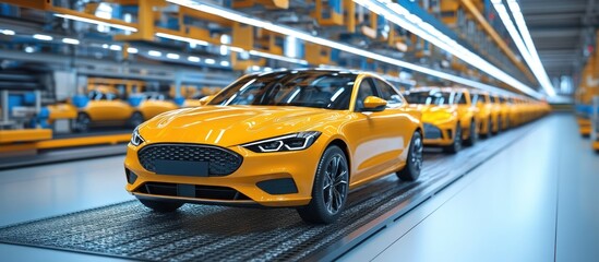 Obraz premium Yellow car on assembly line in factory