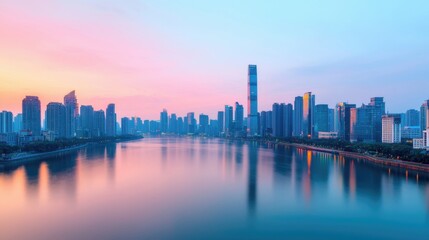 Fototapeta premium Scenic City Skyline at Dusk Over a Serene River Reflection