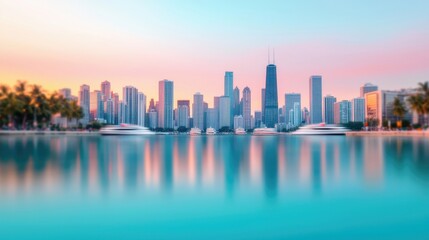 Obraz premium Serene Urban Landscape at Dusk with Water Reflection in Chicago