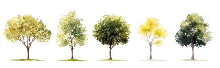 Watercolor illustrations of four trees in various shades of green and yellow, showcasing seasonal changes