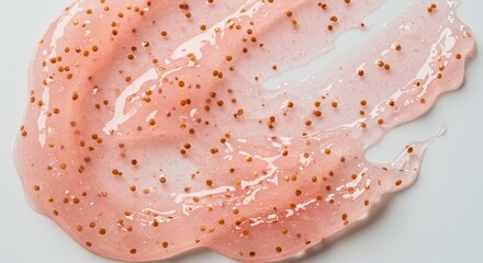 Glistening Rose Quartz Facial Scrub Infused With Amber Jojoba Beads Artfully Spread Across a Pristine White Surface Under Bright Studio Lighting