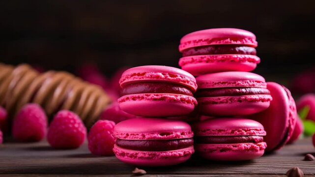 Delicious pink macarons stacked on a wooden table with fresh raspberries nearby.