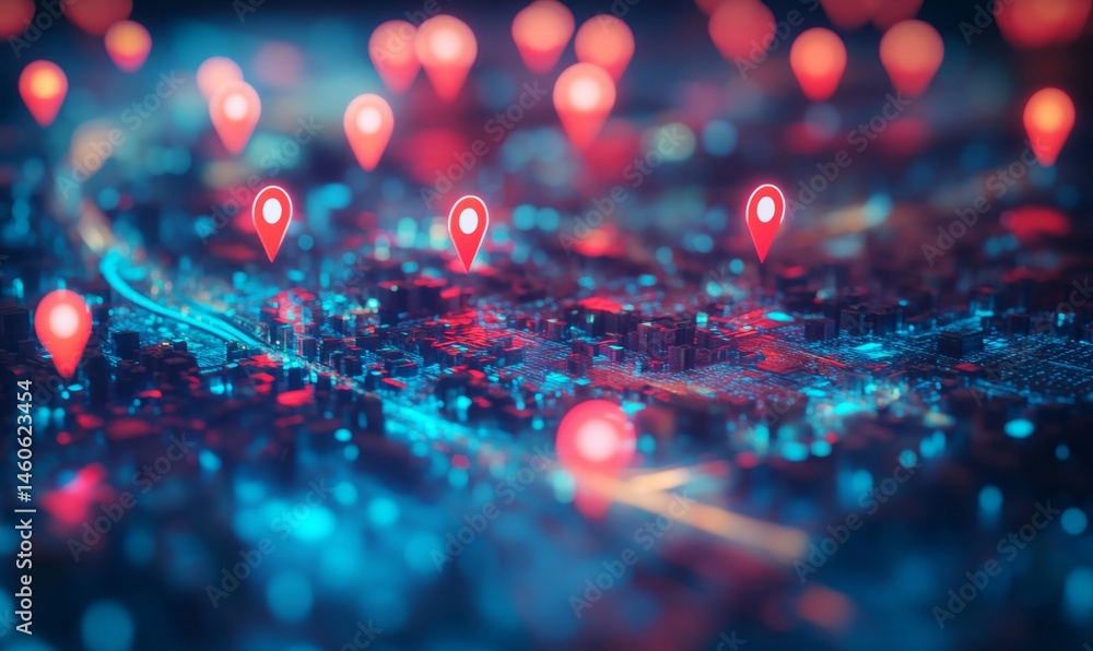 Poster urban map with glowing location pins. dense city layout, highlighted with bright, red location marke