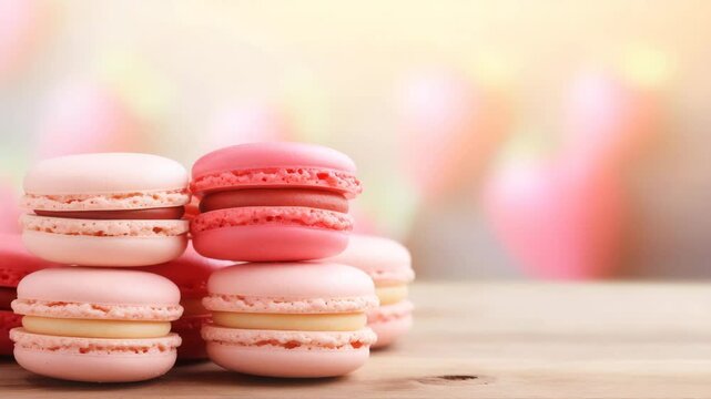 Delicious macarons stacked on a wooden table with a soft, colorful background.