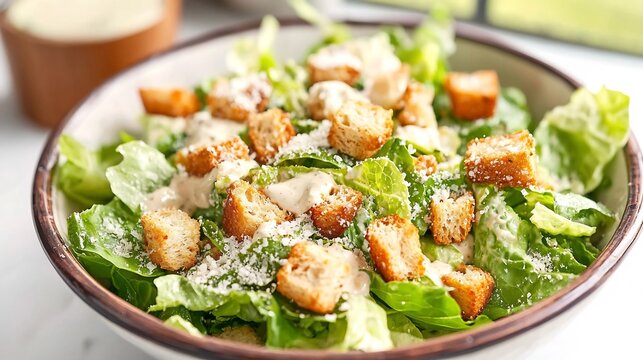 Naklejki Classic caesar salad crisp romaine lettuce crunchy croutons creamy dressing and a sprinkle of parmesan