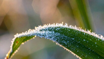 Macro of frosted leaf edge with dew crystals catching sunrise light