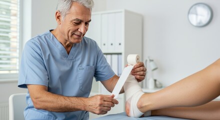 Doctor bandaging a patient's foot in a medical office  