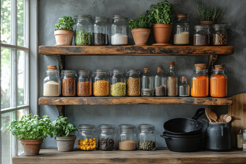 Jars filling a shelf, various shapes and sizes, stacked neatly.