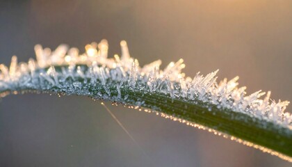 Fototapeta premium Macro of frosted leaf edge with dew crystals catching sunrise light