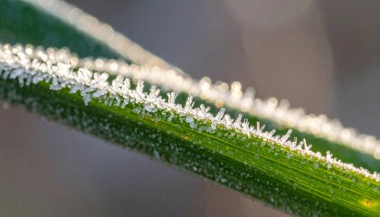 Fototapeta premium Macro of frosted leaf edge with dew crystals catching sunrise light
