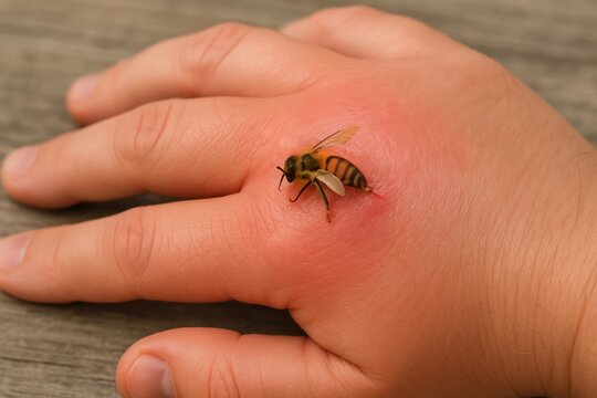 Child's hand with a bee sting showing redness and swelling  