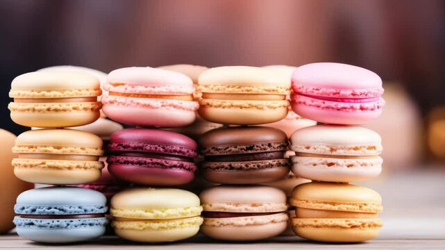 A colorful array of macarons stacked elegantly on a wooden surface.