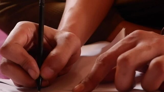 Hand Holding Pen Writing on paper with low light