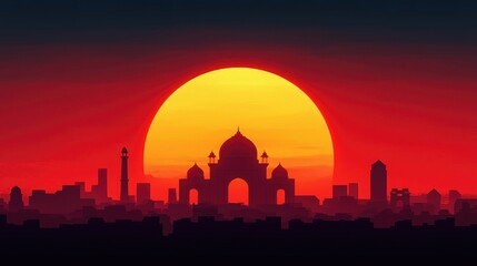 Majestic Sunset Over Taj Mahal with Silhouetted Cityscape