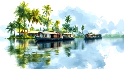 Fototapeta premium Watercolor depiction of houseboats on a serene waterway.