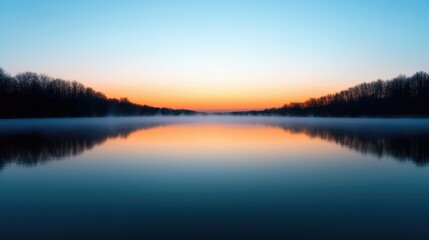 Fototapeta premium Tranquil Lakeside Sunset with Mist and Calm Water Reflections