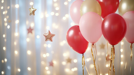 Background of red and pastel pink balloons, gold ribbons and floating stars, sparkling lights