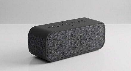 Obraz premium A close up of a rectangular gray and black speaker with buttons on a white surface background