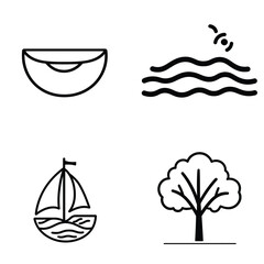 Line Icon Set Melon, Waves, Sailboat, and Tree on Transparent Background