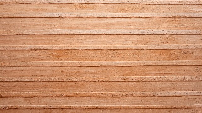 Horizontal layers of textured, earthy-toned rammed earth wall create a natural, striped pattern.