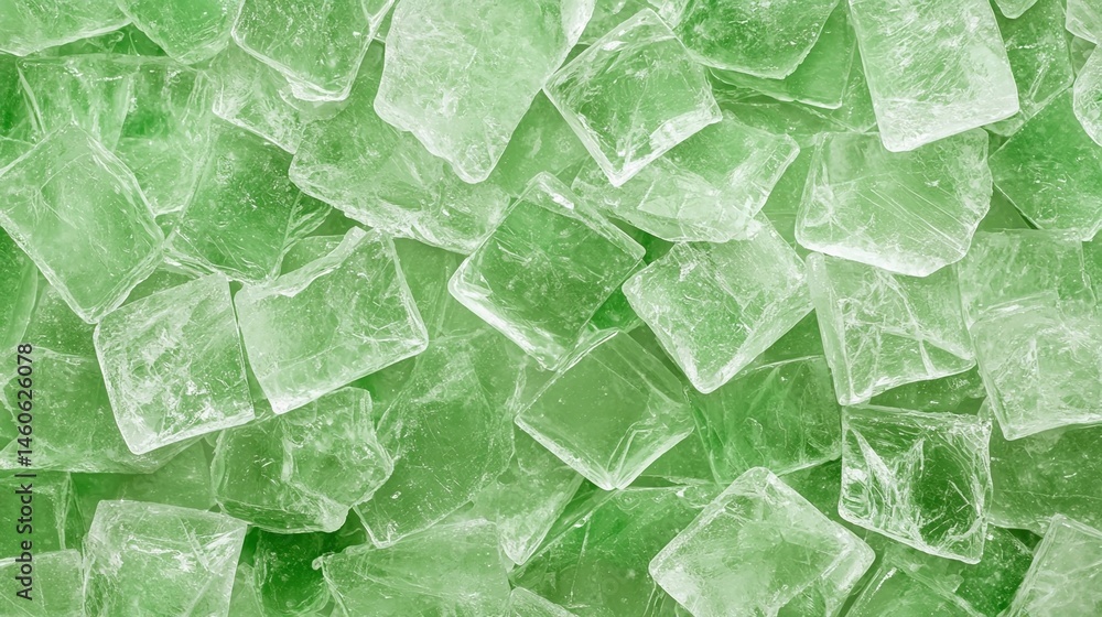 Poster a close-up image of many green-tinted ice cubes, creating a fresh and cool abstract background.