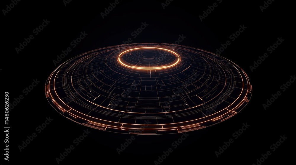 Poster a glowing, circular digital interface with concentric rings and geometric patterns on a dark backgro