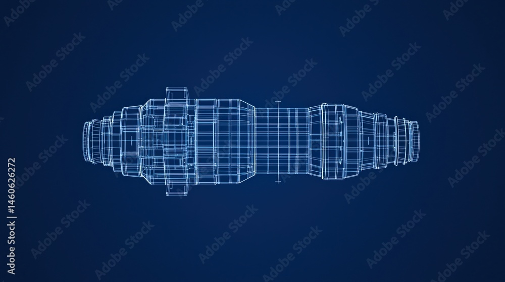 Poster a digital blueprint wireframe of a mechanical part is displayed on a dark blue background.