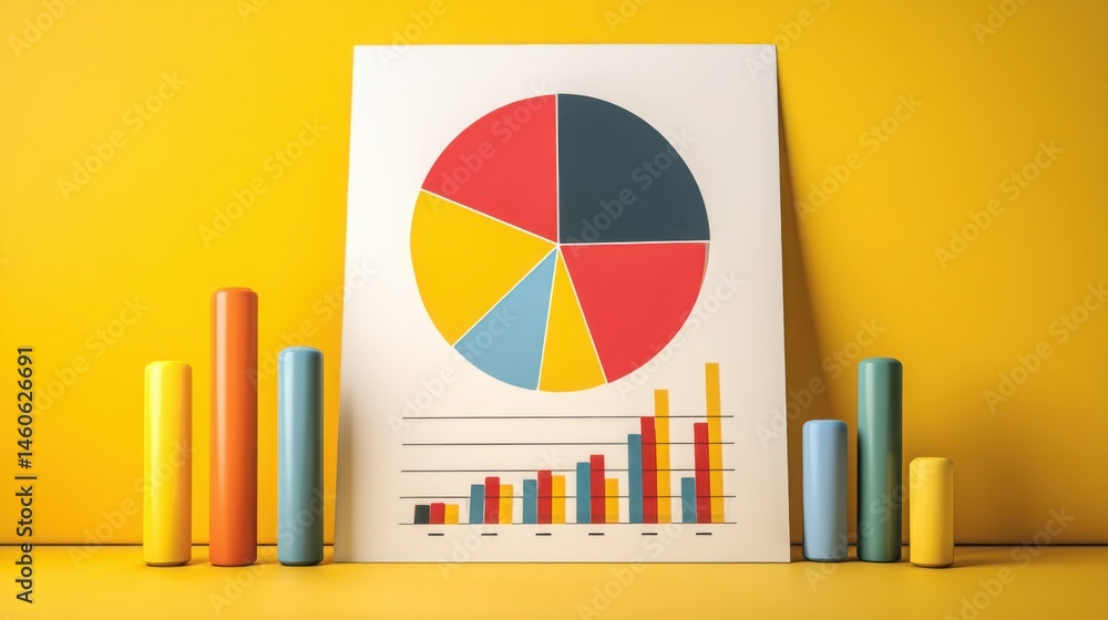 Poster pie chart on yellow background indicating automated performance reporting summary icon concept for e