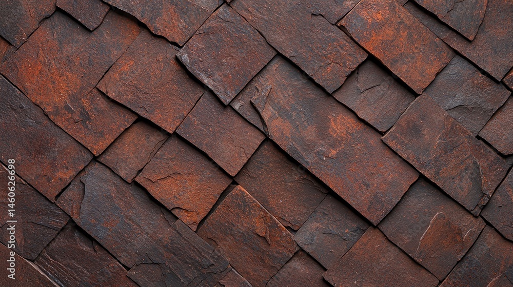 Poster close-up view of overlapping, textured, reddish-brown stone tiles arranged in a diagonal pattern.