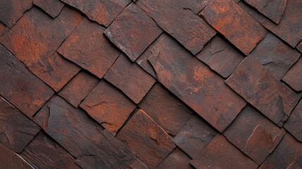 Close-up view of overlapping, textured, reddish-brown stone tiles arranged in a diagonal pattern.