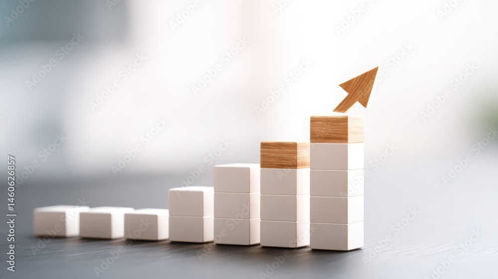 Poster a wooden arrow pointing upwards on a stack of white blocks representing diversified income stream co