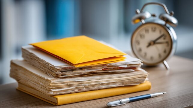 A stack of papers and a clock illustrating the importance of timely publishing in automated post scheduling