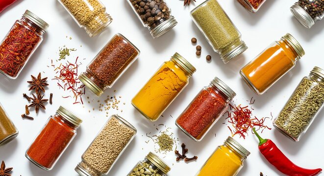 Spice Variety in Glass Jars on White Background