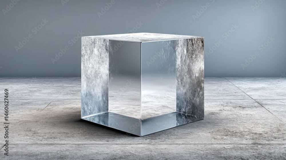 Aufkleber a polished silver cube resting on a rough concrete floor emphasizing the contrast between smooth and