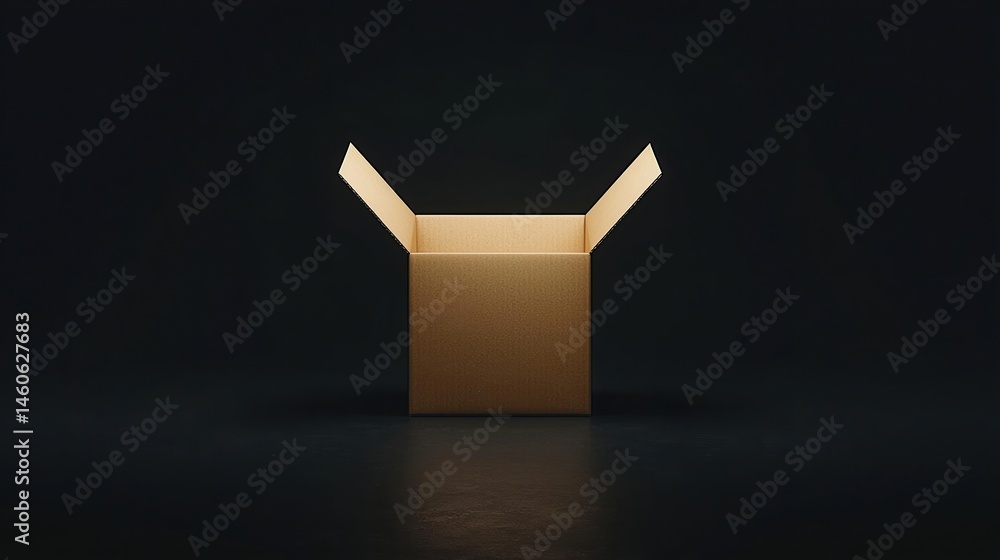 Aufkleber a single cardboard box with open flaps is centered on a dark, minimalist background.