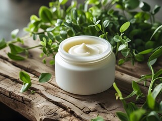 Cream jar on rustic wood with greenery in soft natural light.