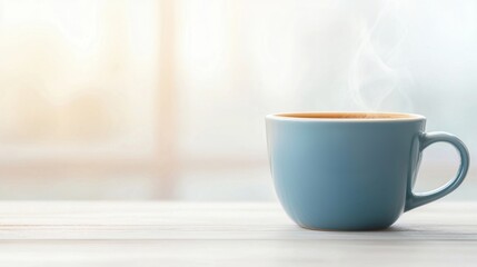 Fototapeta premium A steaming blue coffee cup sits on a light wooden table with a soft, blurred background.
