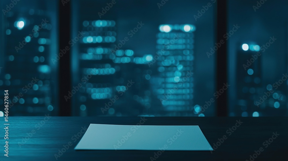 Poster a blank sheet of paper on a desk with a blurred cityscape visible through large windows at night.
