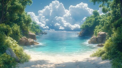 Lush tropical beach, turquoise water, soft sand, white clouds, green foliage