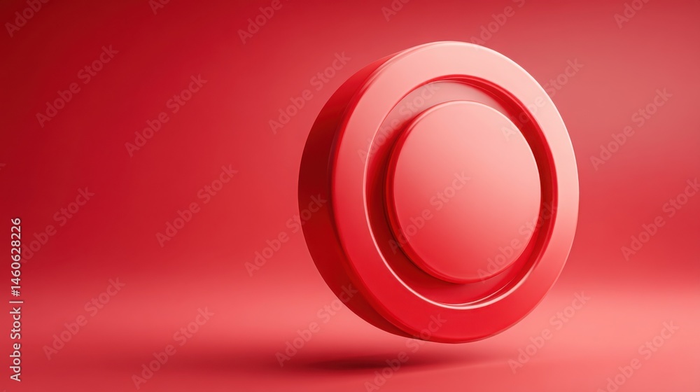 Poster striking red button set against a solid red background creating a bold visual statement of simplicit