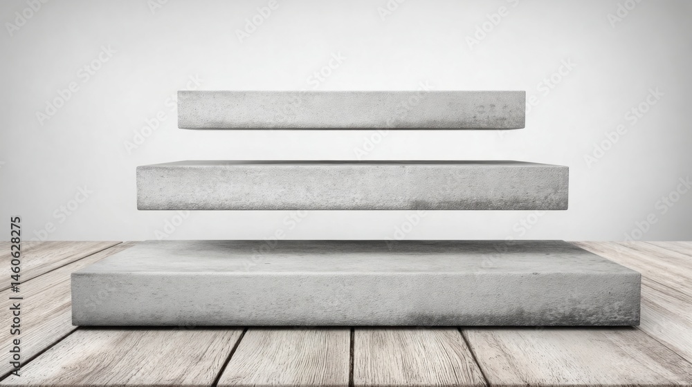 Poster solid concrete block resting on a wooden floor creating a layered perspective and emphasizing indust