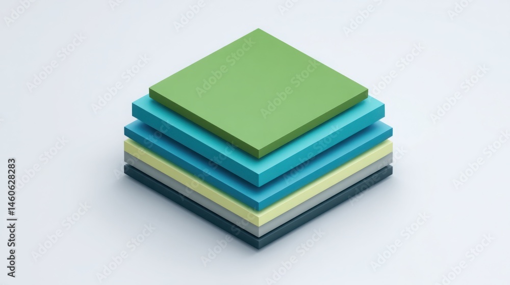 Poster a stack of colored squares representing layered foresight and vision built through depth and creativ