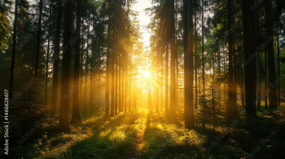 Poster enchanting forest panorama with ethereal sun rays filtering through towering trees