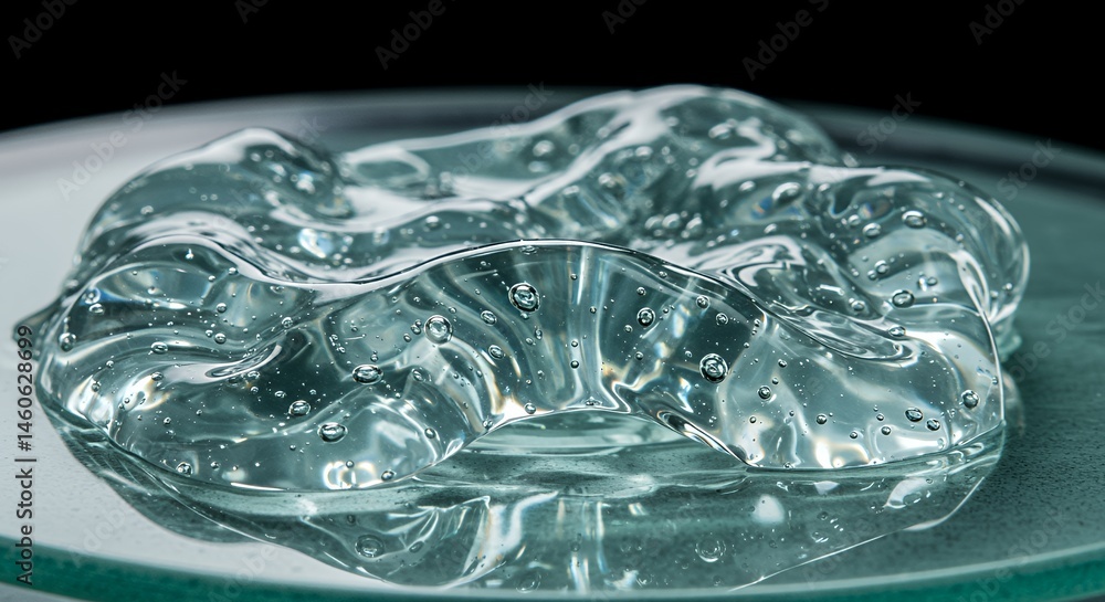 Poster macro shot of viscous translucent gel with flowing wavelike patterns and small air bubbles resting o