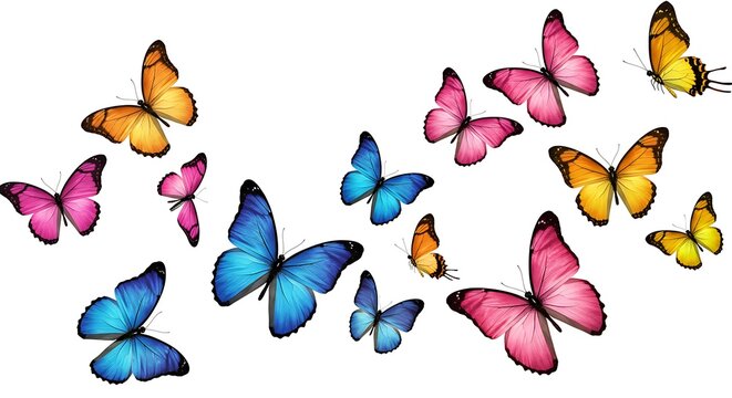 Fototapeta A group of butterflies flying together, colorful wings, white background