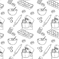 seamless surface pattern with a baking theme.  featuring whisks, mixers, mixing bowls, baking supplies etc.  A rustic hand drawn seamless patter 