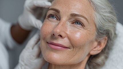 Beautician working on middle-aged woman is eyelids, drawing lines for laser blepharoplasty procedure, blonde woman smiling in the clinic.