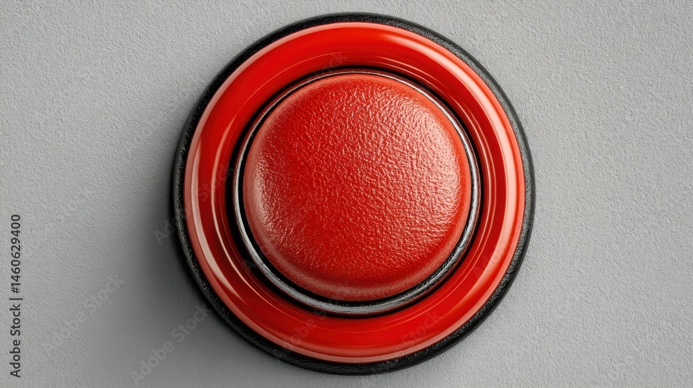 Poster bold image of a red button on a gray wall representing a low-volume alert concept signifying attenti